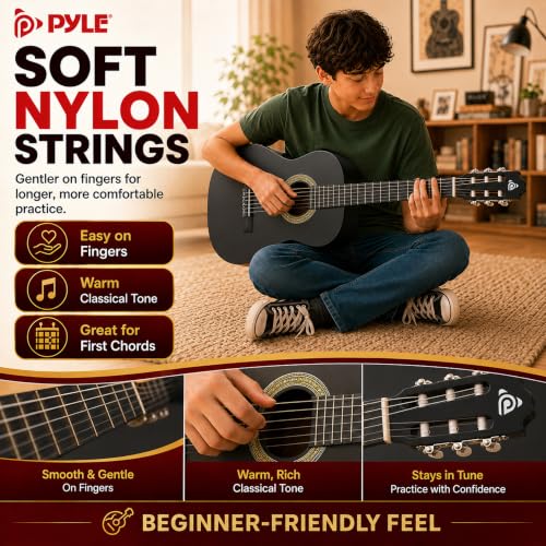 Image of Pyle 30-Inch Beginner Acoustic Guitar Kit, 1 /4 Size Junior Classical Nylon String Guitar for Kids and Adults, Includes Gig Bag, Strap, Spare Strings, Picks, Cleaning Cloth, 18 Frets, Black, Matte