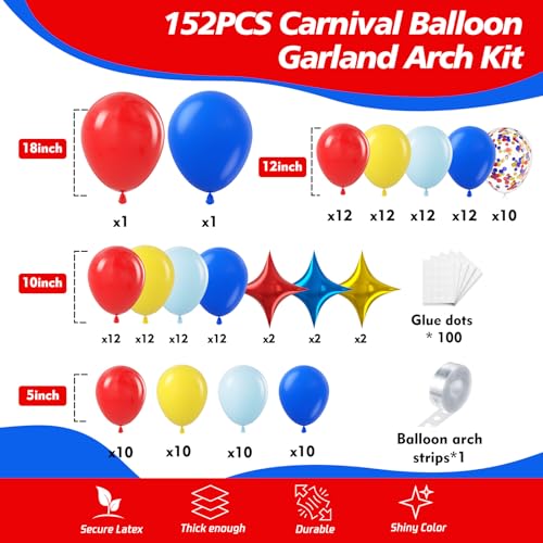 Image of Carnival Circus Balloons Arch Kit - 152Pcs Red Yellow Blue and Star Foil Balloons Different Size Balloon Garland Kit for Birthday Anniversary Baby Shower Carnival Circus Theme Party Decorations