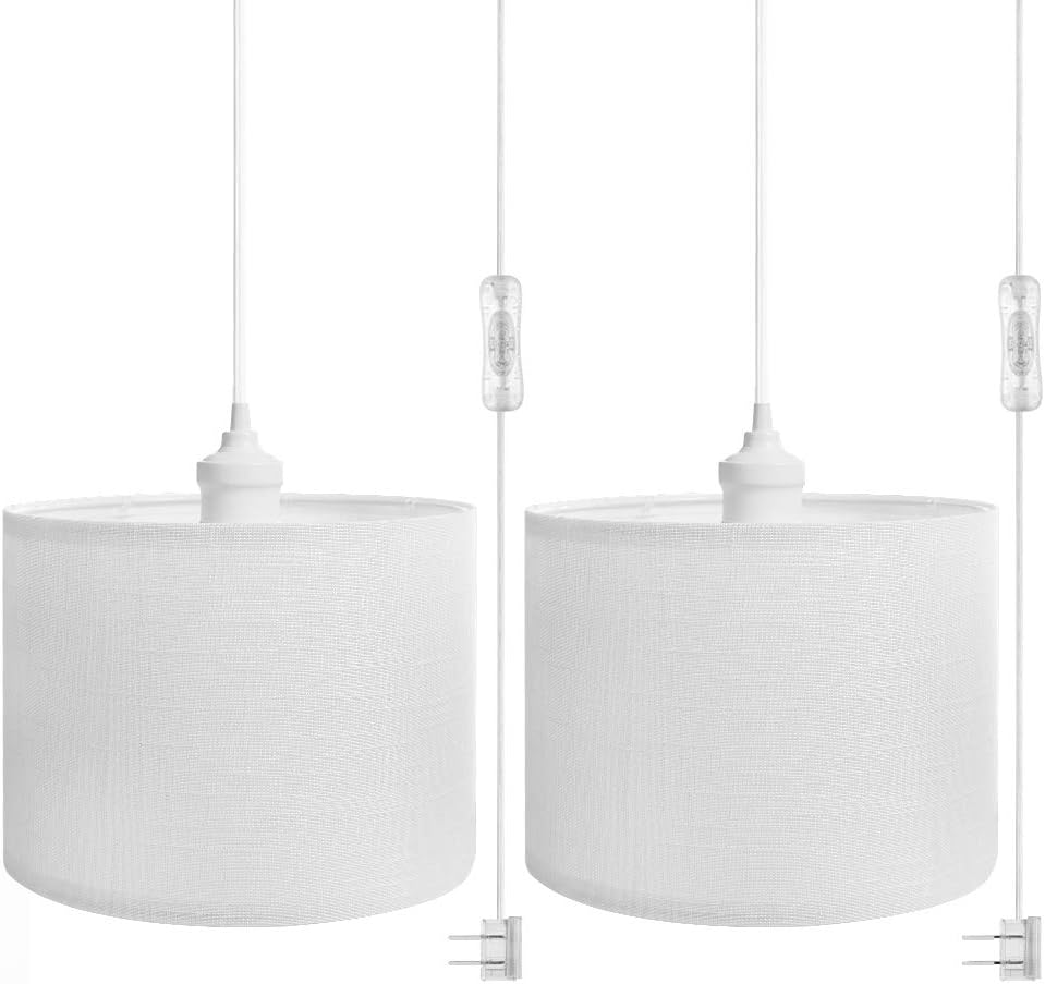 QITIM Plug in Pendant Light, Hanging Lamp with Plug in 15FT Clear Cord, White Fabric Shade, On