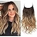 Bayalage Hair Extension Ombre Brunette Hairpiece Hair Pieces For Women 16" Long Loose Wave Halo Flip in Natural Hidden Wire Crown Headband Synthetic Heat Friendly Fiber(M03#6T25)