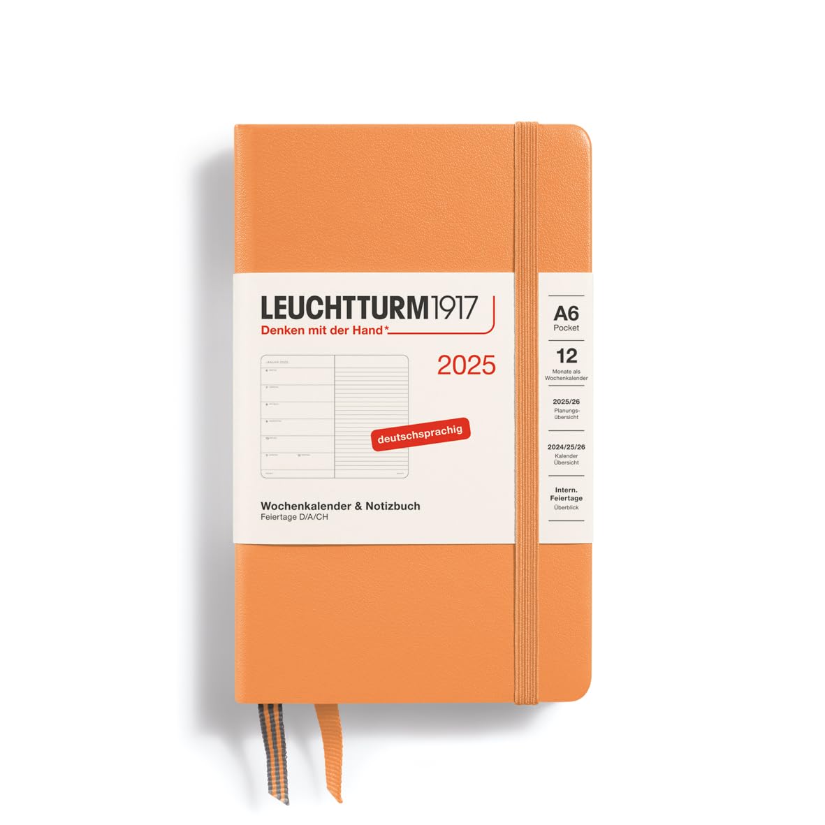LEUCHTTURM1917 370500 Weekly Calendar & Notebook 2025, Pocket A6 Hardcover - 12-Month Planner, 80 g, Lined - Apricot