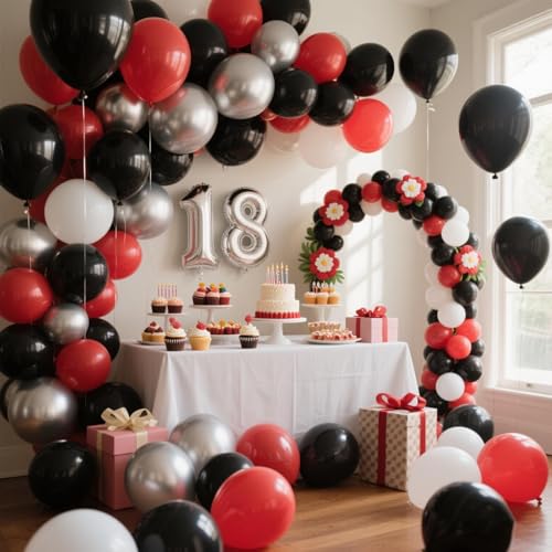 Image of 412Pcs Red Black and White Balloon Garland Arch Kit,18 12 10 5 Inch Different Size Red Black White Balloons for Shower Birthday New Year Graduation Wedding Racing Car Poker Party Decorations
