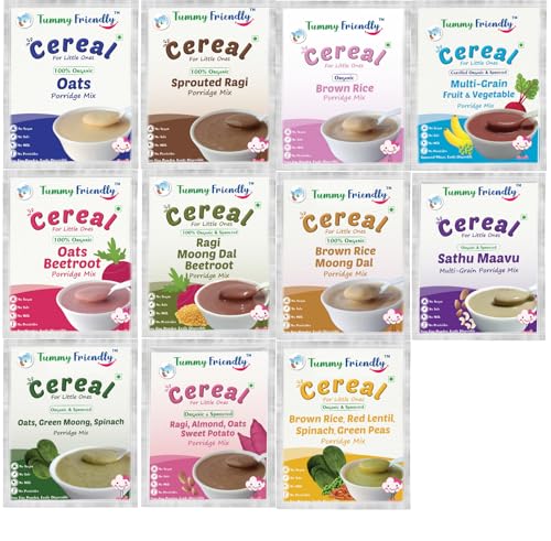 Image of TummyFriendly Foods Sprouted Porridge Mixes | Made of Sprouted Ragi Powder, Sprouted Whole-grains, Sprouted Pulses, Fruit, Vegetables and nuts For Little Ones | No Sugar, No Salt, No Milk, No Chemicals, No Pesticides & No GMO | Maximum Possible Nutrition From Real Food | Shelf-life 6 Month | Combo1n2n3 Trial Packs | 11 Baby Packs, 50g Each
