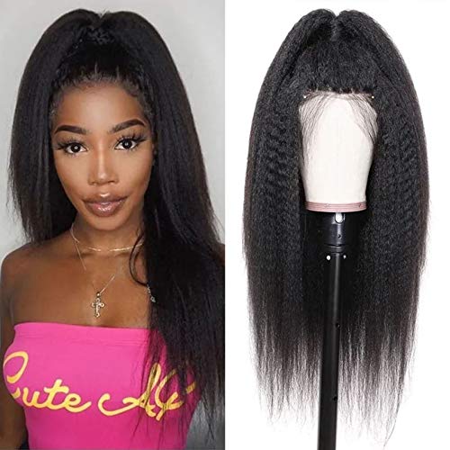 Kinky Straight Human Hair Wig 13X4 Lace Front Wig Pre Plucked Bleached Knots Yaki Wig For Women 9A Grade Ear To Ear With Baby Hair Brazilian Virgin Hair Raw Remy Hair Natural Black 20 Inch