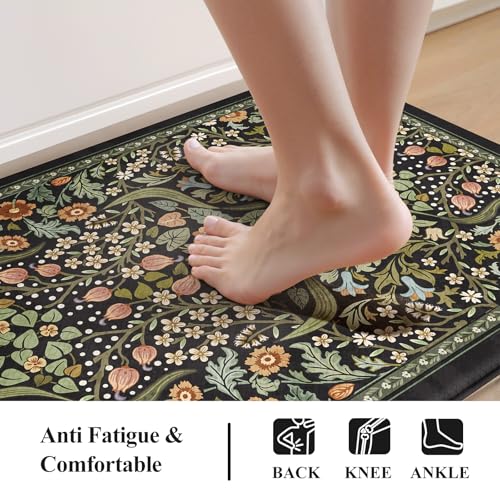 Collive Kitchen Mats for Floor 2PCS, Cushioned Anti Fatigue Mat Non Slip Waterproof Kitchens Sink Rug, Vintage Spring Floral Rugs Comfort Standing Mat for Laundry, Desk, Bar, Office, Black - Thumbnail 3