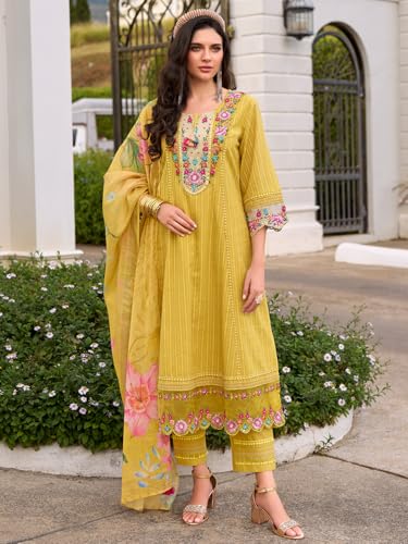 Image of INDO ERA Women's Anarkali Pure Cotton Floral Printed Embroidered Kurta & Pant with Dupatta Set (IEOUT10688)