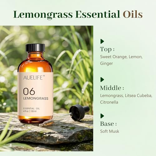 Image of Auelife Lemongrass Essential Oil, 4 Fl Oz Diffuser Oil for Home Fragrance,Candle & Soap Making, Room Spray DIY, Glass Bottle with Dropper