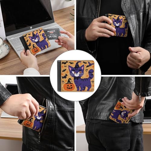 PU Leather Wallet for Men Halloween Cat Print Thin Wallet Slim Minimalist Bifold Front Pocket Wallets, 6 Credit Card Slots3