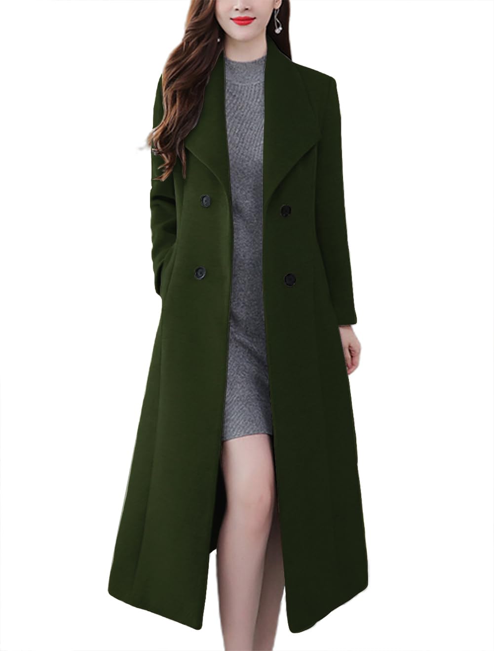 chouyatou Women's Chic Shawl Collar Work Double Breasted Maxi Long Wool Pea Coat