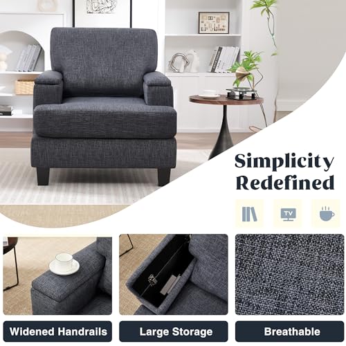 Image of Accent Chairs with Armrest Storage, Modern Reading Chairs, Upholstered Comfy Large Armchair (Dark Grey)
