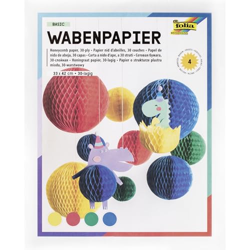 folia 460-09-Papel Basic, 33 x 42 cm, Papel para Manualidades con Estructura 4 Colores, 30 Capas, para Crear Coloridas Decoraciones de Nido de Abeja, Multicolor