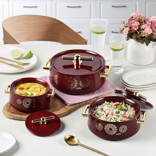 Image of CELLO Jewel NX Insulated Casserole Set of 3 Pcs (500ml, 1000ml, 1500ml) Burgundy | Double Wall Insulated Hot Pot Case Keeps Food Hot & Warm for Long Hours, Casserole Hot Pot Set for Roti Chapati Rice