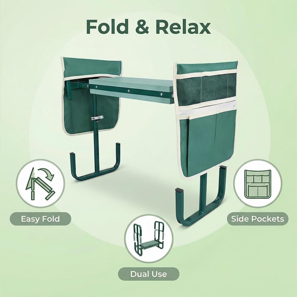 Tabouret de jardin pliable - Hauteur réglable - 60 x 52 x 27 cm - Repose-genoux avec aide au lever - Sac à outils - Tapis en mousse EVA - Pour jardinage, pêche, camping