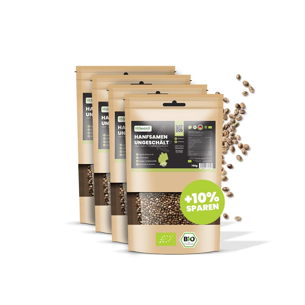 SANUUS Bio Hanfsamen ungeschält geröstet 4x750g - Naturland geröstete Hanfsamen ungeschält Bio aus Nutzhanf - Superfood Hanf Samen aus Deutschland für Porridge, Müsli, Bowls, Salat, Backen