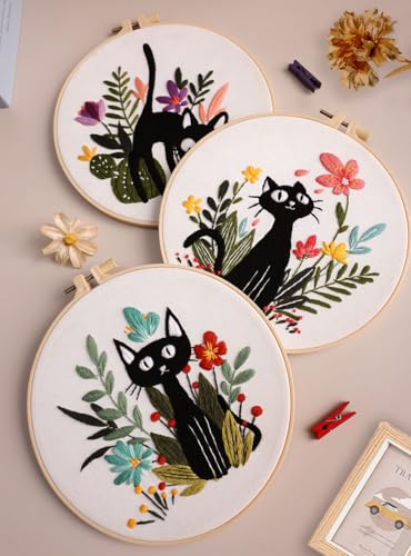 Image of Konrisa 3pcs Embroidery Kits for Beginners Creative Black Cat and Flower Pattern Cross Stitch Practice Kit DIY Sewing Needlepoint, Include 1pcs Hoop