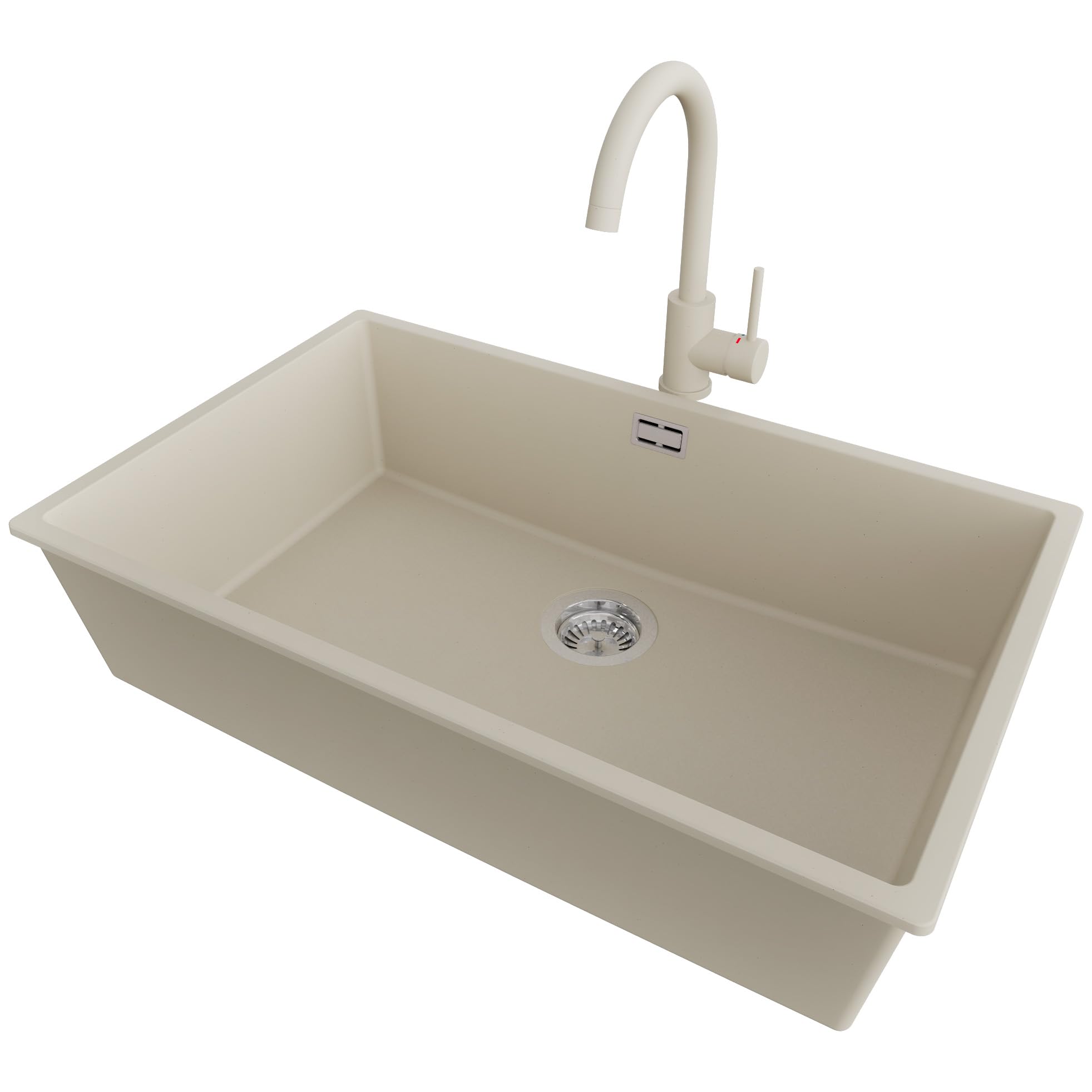 PRIMAGRAN Evier sous Plan Beige - London, 76x47cm | Evier en Granit 1 Bac + Robinet 32x20cm + Kit d'accessoires, Évier au Meuble 80cm (S493)