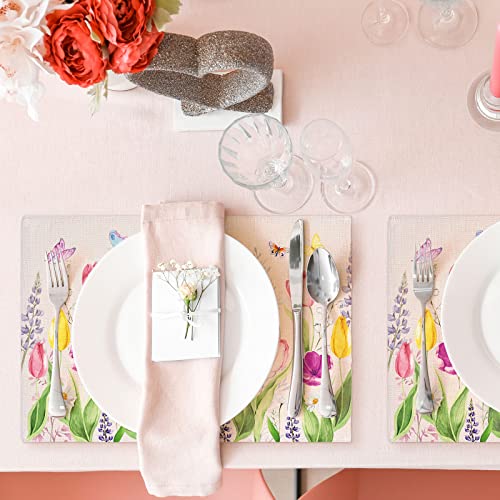 Whaline Spring Tulip Butterfly Placemats Set Of 6 Summer Seasonal Holiday Kitchen Waterproof Linen Placemats For Spring Flower Party Indoor Outdoor For Home Dining Table Decoration, 17.9 X 12.2 Inch #TOP6