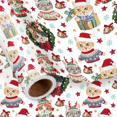 LeZakaa Cat Christmas Wrapping Paper Roll Cute Pets in Holiday Sweaters Cat Gift Wrap for Kids Family for Winter Holiday Gifts DIY Crafts Stocking Stuffer Wrap Mini Roll 17 Inches x 16.4 Feet