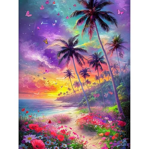 Image of Amphol Diamond Art Kits for Adults - Beach Full Round Drill Diamond Painting Kit with Tools - 5D DIY Embroidery Craft Kits for Home Decor Gift- 12 inchx16 inch