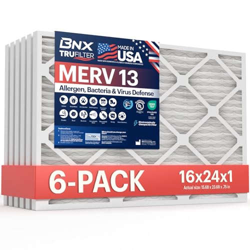BNX TruFilter 16x24x1 Air Filter MERV 13 (6-Pack) - MADE IN USA - Electrostatic Pleated Air Conditioner HVAC AC Furnace Filters for Allergies, Pollen, Mold, Bacteria, Smoke, Allergen, MPR 1900 FPR 10