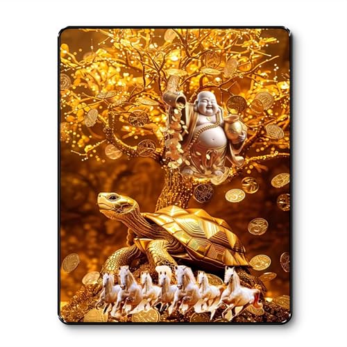 Image of SAF Golden Money Tree Laughing Buddha Tortoise Horse Wall Art Black Frame Sparkle Lamination Vastu Feng Shui Wealth Positive Energy Decorative Painting for Home (14 Inch x 11 Inch) K-36110