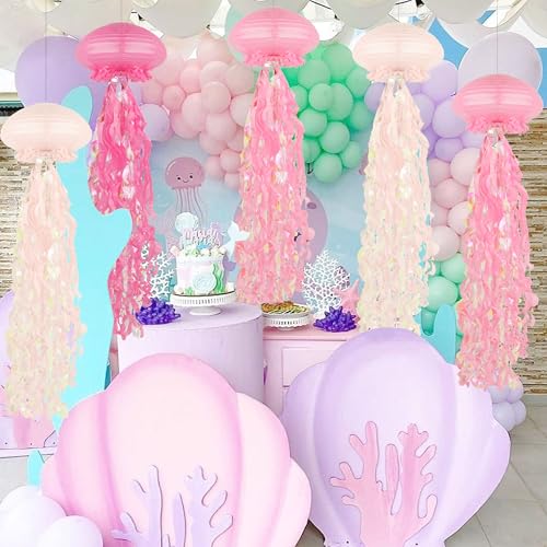 Image of 8 pcs Jellyfish Paper Lanterns Ocean Birthday Party Decorations with Hooks and Ropes, Hanging Jellyfish Decorations for Baby Shower Under The Sea Mermaid Spongebob Birthday Classroom Decorations