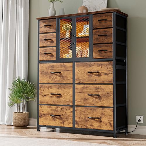 EnHomee Tall Dresser with 12 Drawers, Power Outlets, and LED Lights - Rustic Brown