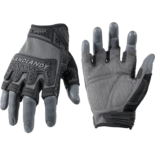 HANDLANDY Fingerless Work Gloves, Men Women Padded Half Finger Framer Mechanic Construction Carpentry Working Gloves (Grey, L)