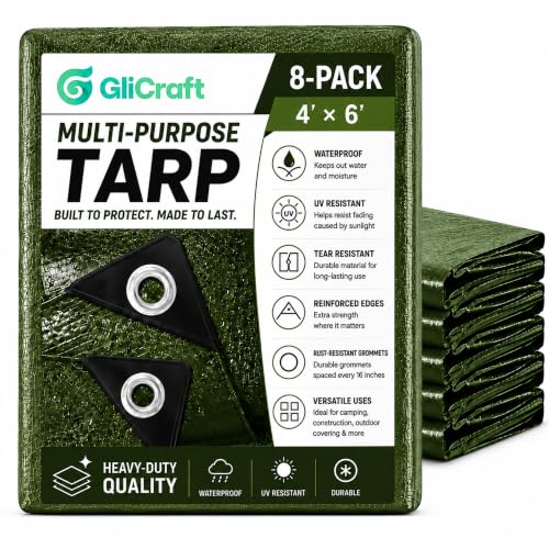 Image of 8 Pack 4 x 6 ft 5.5 Mil Small Tarps Heavy Duty Waterproof Tarp Multi Purpose Tent Cover for Home Boats Cars Camping Patio Furniture Roof Emergency Rain Protective Cover, Army Green