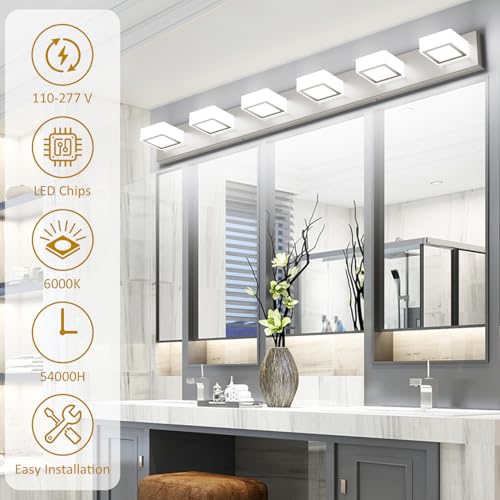 Image of Ralbay Brushed Nickel Bathroom Vanity Lights 48inch Metal Acrylic LED Modern Bathroom Wall Lighting Fixtures Over Mirror Brushed Nickel (White Light 6000K, Non-dimmable)