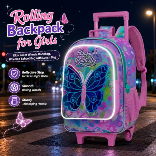 Image of CCJPX 3Pcs Butterfly Rolling Backpack for Girls, 18 inch Kids Wheeled Bookbag with Lunch Box, Lightweight Roller School Bag for Elementary Preschool (Pink)