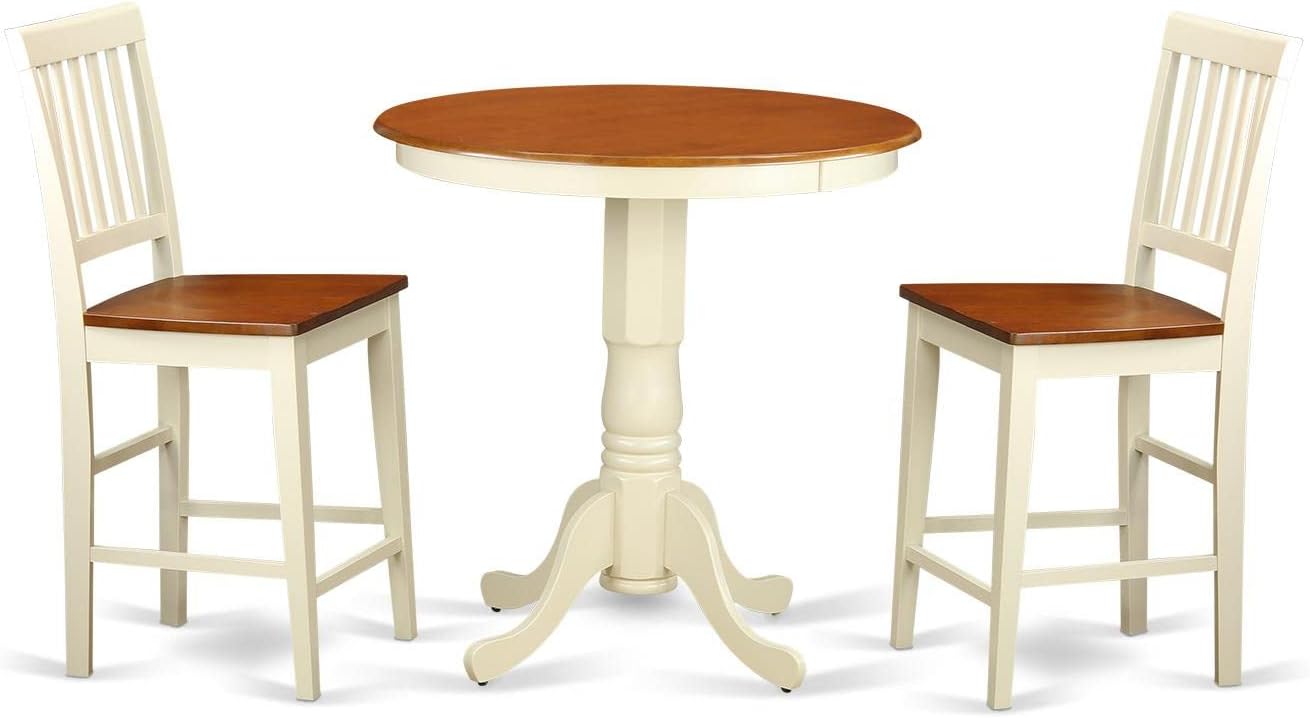 East West Furniture EDVN3-MAH-C 3 Piece Counter Set for Small Spaces Contains a Round Dining Room Table with Pedestal and 2 Linen Fabric Upholstered Chairs, 30x30 Inch, Mahogany