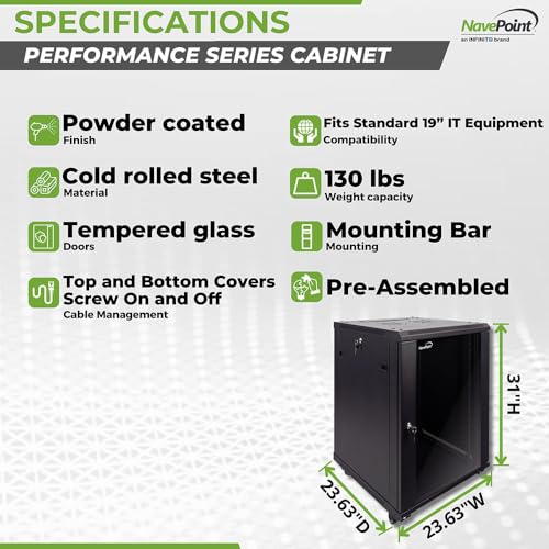 Image of NavePoint 15U Server Cabinet Wall Mount Rack Enclosure with Caster Wheels, 2 Fans, Locking Glass Door, Removable Side Panels - 15U Network Cabinet 23.6 inch Deep, 19 inch Server Rack for IT Equipment