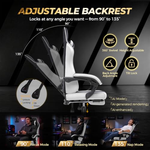 Image of GTPLAYER Video Gaming Chair Fabric, Ergonomic Computer Chair with Footrest and Pocket Spring Cushion, Height Adjustable Video Gamer Chair with Lumbar Support for Adults, White