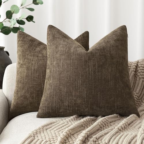 Image of Foindtower Pack of 2 Soft Textured Chenille Throw Decorative Pillow Covers Square Accent Solid Cushion Cover Neutral Farmhouse Pillow Case for Couch Sofa Bedroom Living Room 16x16 Inch,Taupe Brown