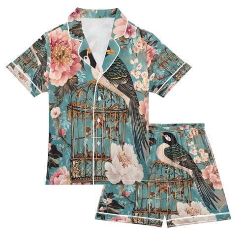 ALAZA Bird Blossom Floral Blue Art Satin Pajamas Set Short Sleeve Button Down Sleepwear Summer Pjs 2 Piece