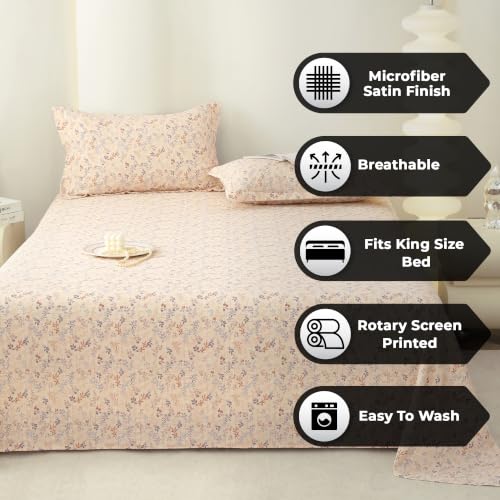 Image of Story@Home King Size Bedsheet | Cloud Cotton Flatsheet King Size with Two Pillow Covers| Super Soft Bed Sheet for King Size Bed | Floral Design (270 x 250 cm, Ivory Pink)