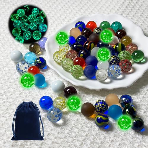 daqoupzi Lot de 60 billes en verre (16 mm x 50 – Petites billes colorées avec motifs + 16 mm x 10 billes pailletées), sac de rangement pour boules en verre, mélange de billes colorées pour jeu de