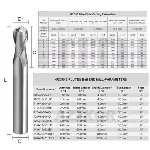 Image of Carbide Ball Nose EndMill HRC55 Double Edge 2 Flute TiAiN Coating Tungsten Steel Milling Cutter for Aluminum Wood HRC55 R0.5-R6.0 Series 11pcs Set