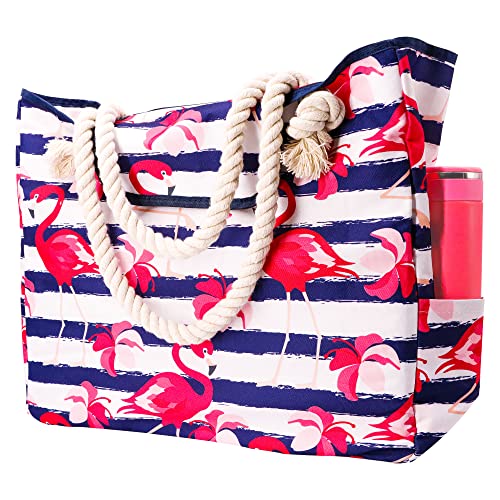 Tokeya Sac de Plage, XXL Grand Sac Fourre-Tout pour Femme et Filles, Leger Cabas Sac de Shopping Bag Pliable Sac à Bandoulière avec Poignée en Corde pour Vacances, Achats et Voyages, Flamant Rose Cover