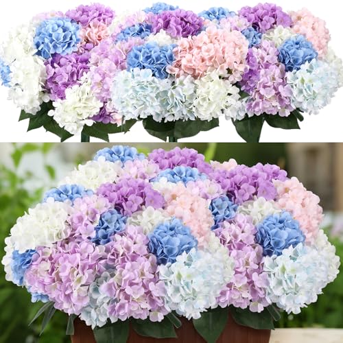 Image of Suncalla Multicolor 6 Bundles Hydrangea Artificial Flowers Bulk 30 Heads 20'' Faux Fake Hydrangea for Spring Graves Easter Decor Porch Indoor Outdoor Home Garden Wedding Table Centerpieces