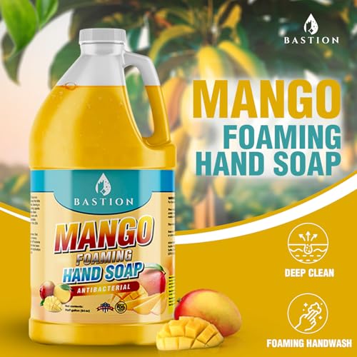 Image of Bastion Antibacterial Hand Soap - Mango Foaming Hand Wash - 1 /2 Gallon (64 oz.) Bulk. Refill Jug. Mango Scented. Non-toxic. Made in the USA.