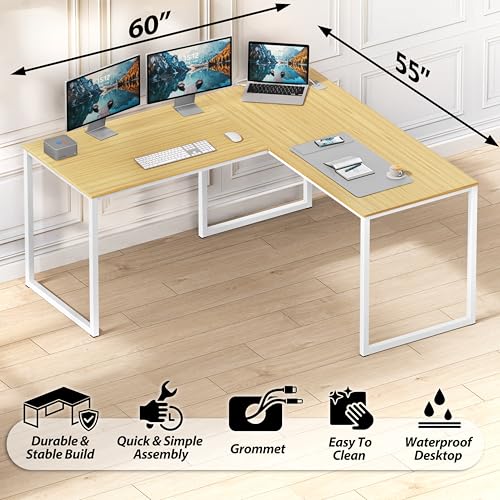 Image of SHW Mission 55 x 60 Inches L-Shape Home Office Computer Desk, Oak