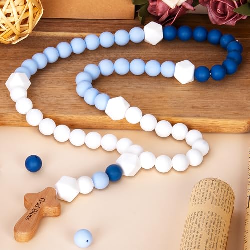 Silicone Baby Rosary with Cross, Baptism Gift Baby Rosary Teether for Boy Girl Kids, My First Rosary Catholic Religious Gifts Christian First Holy Communion Party Decorations, Blue