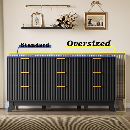Image of BORNOON Fluted 9 Drawer Dresser, 57.1 inch Wide Modern Boho Chest of Drawers, Wooden Storage Dresser TV Stand for Bedroom, Living Room, Closet, Hallway, Curved Profile Design