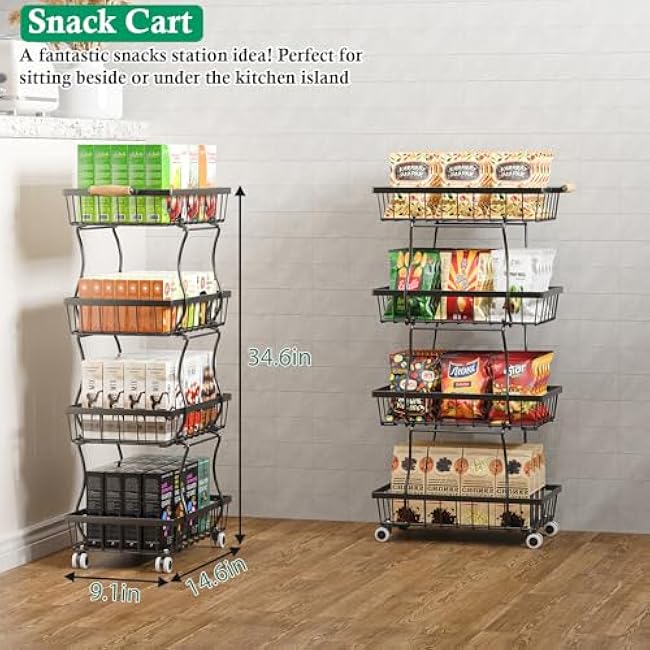 Fruit Basket, 4-Tier Small Kitchen Organizer and Storage Cart on Wheels, Rolling Pantry Snack Cart with Handle for Storing Fruit, Potato, Onion, Snacks, Vegetables, Bread, Produce-mB6z3s8y