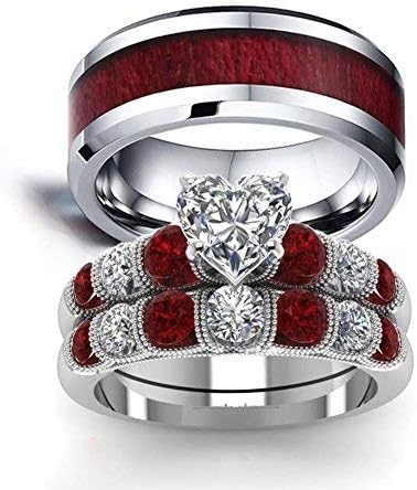 His and Hers Wedding Ring Sets Couples Matching Rings Black Women's Red Cubic Zirconia Wedding Engagement Ring Bridal Sets & Men's Tungsten Carbide Wedding Band