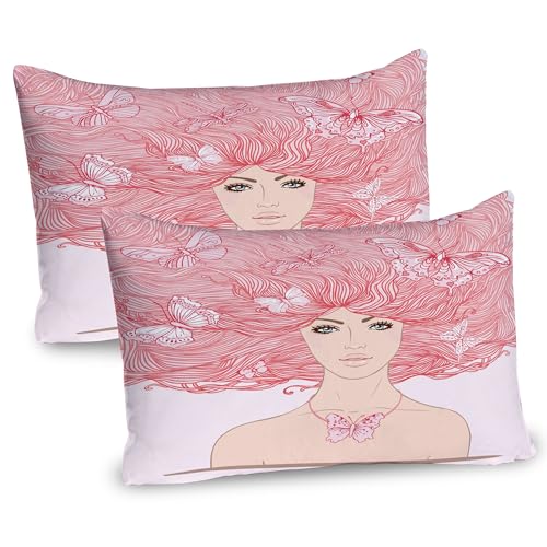 Ambesonne Pink Pillow Sham Set of 2, Sketchy Hand Drawn Style Girl with Butterflies in Her Long Pink Hair Illustration, Quality Microfiber Bedding Item for All Seasons, 26