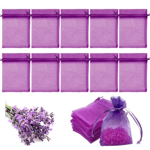 Saquitos vacíos de lavanda, contra polillas, pequeñas bolsas de lavanda, vacías, para armario, lavanda, bolsa perfumada para rellenar, bolsa de gasa morada con cordón para el armario del coche (10)