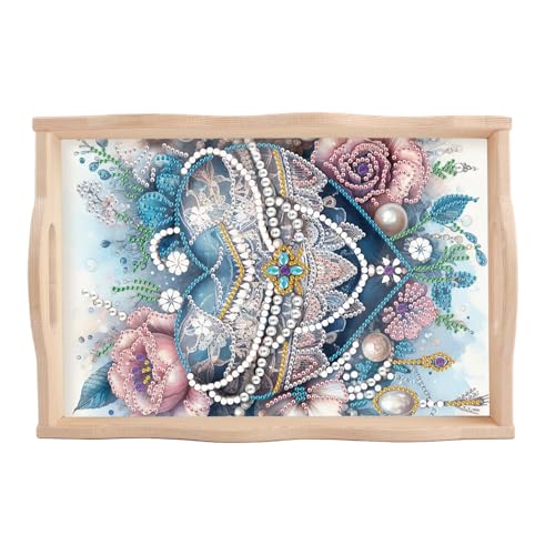 Image of AiYuanzsh DIY Diamond Art Wooden Tray with Handle, Blue Jewel Heart with Flowers Design, Diamond Painting Mosaic Kit, Creative Craft Diamond Art Tray for Coffee Table and Home Organizer